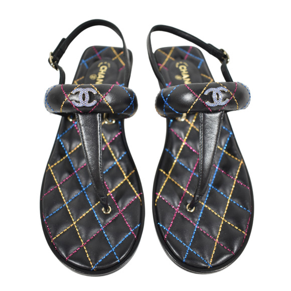 Chanel 21K Black Multicolor Leather CC Logo Mule Slide Flat Thong Sandal 37.5 - Picture 1 of 11